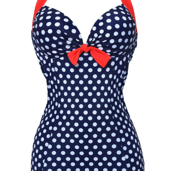 Swimsuit RETRO CHERRY Blue Polka Dot One Piece - Picture 3 of 8